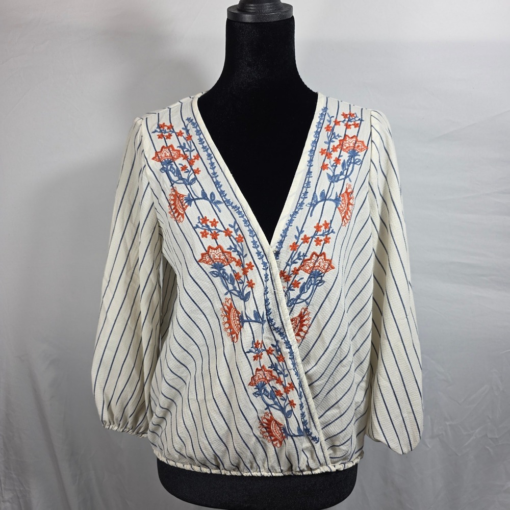 Chloe & Katie Womens Small Blue White Striped Floral Embroidered Surplice Blouse
